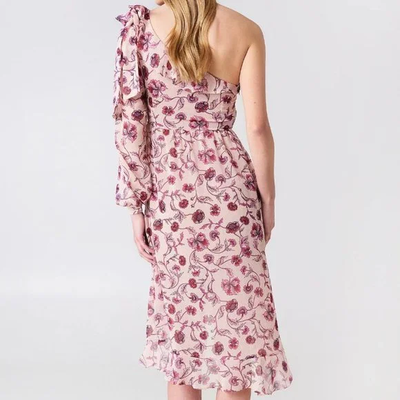 For Love & Lemons Agnes Pink Floral One Shoulder Dress, Small - Picture 2 of 6